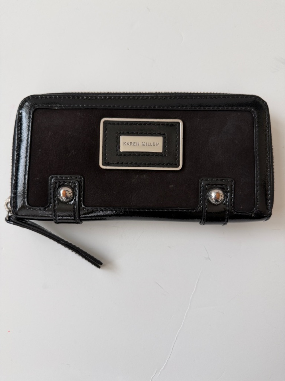 Karen Millen Black Patent Trim Wallet with Silver Plate